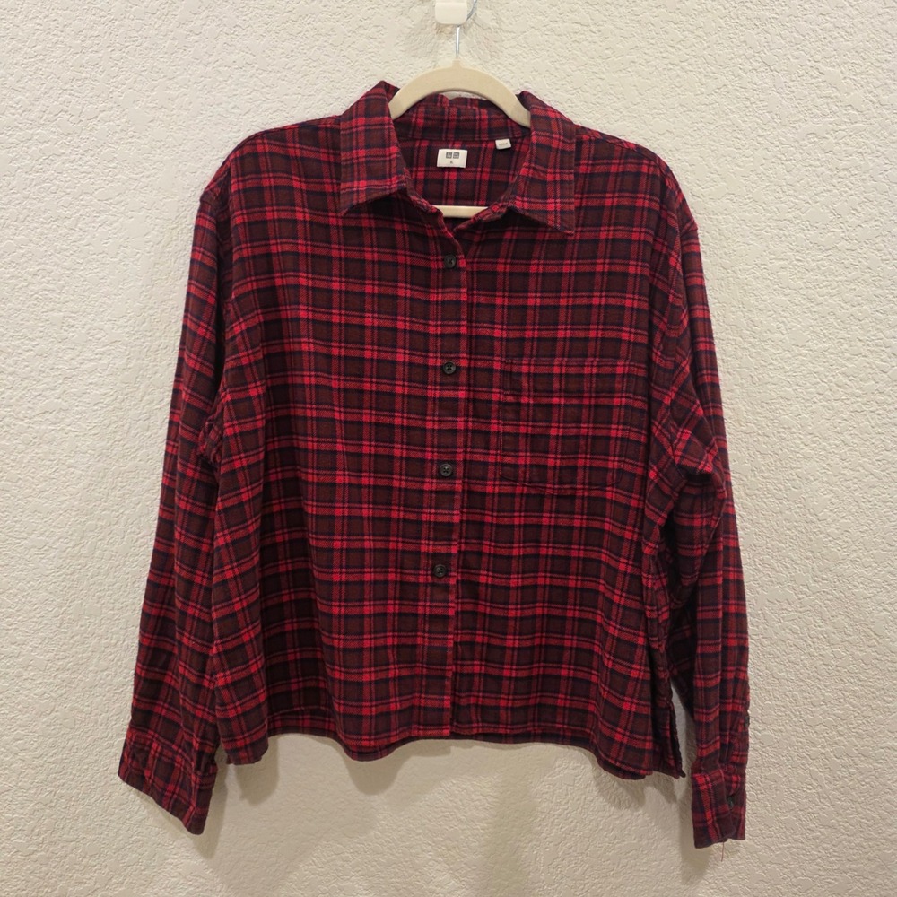 Uniqlo Plaid Flannel Button Up Shirt Womens XL Red Long Sleeve Boxy Cropped Gorp